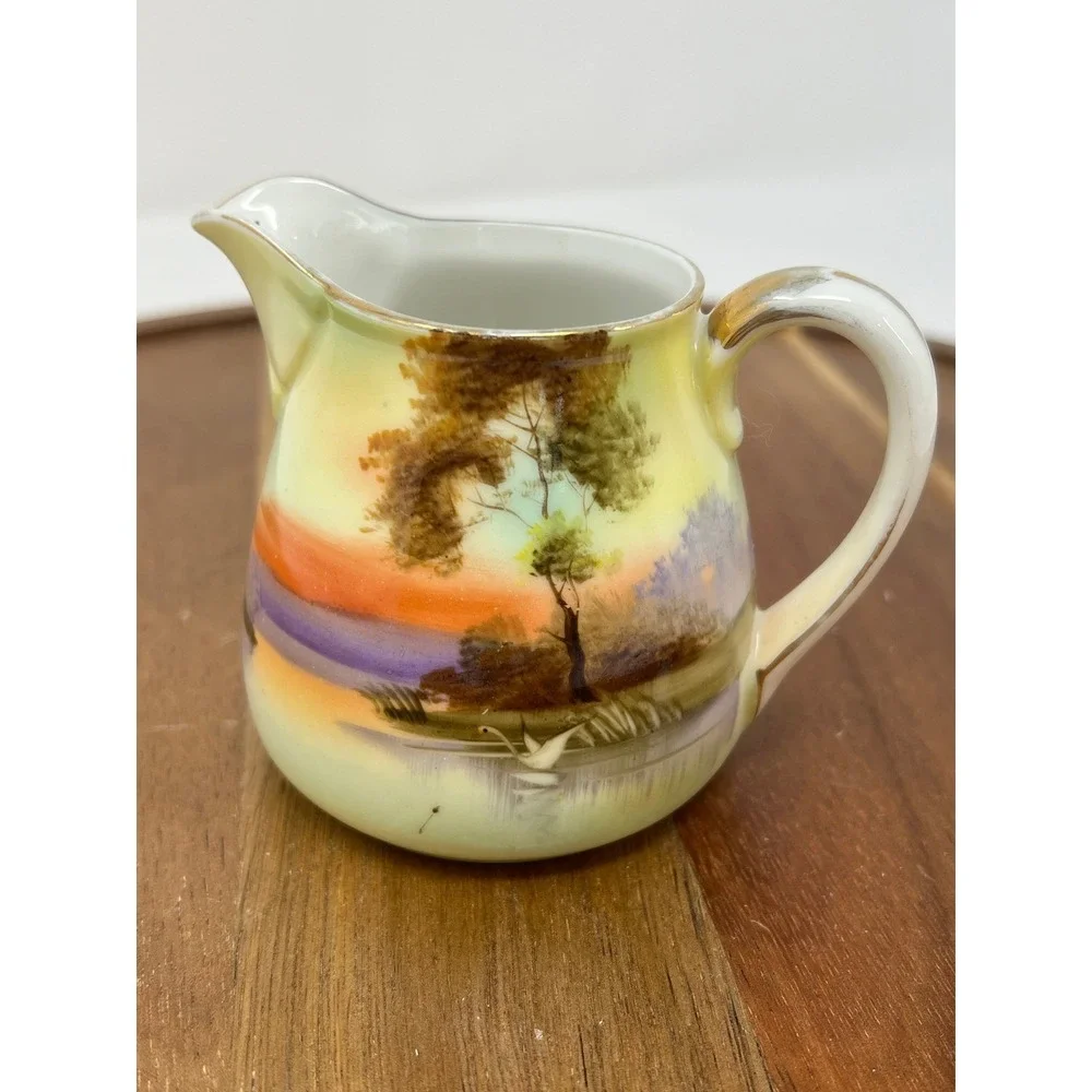 Vintage Hand‎ Painted Sugar Bowl Creamer Set Landscape Scene